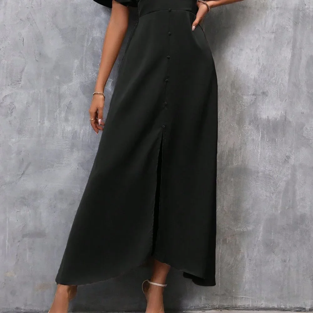 Black Preppy Womens Plunging Neck Butterfly Sleeve Split Thigh Satin Dress - Picture 5 of 5
